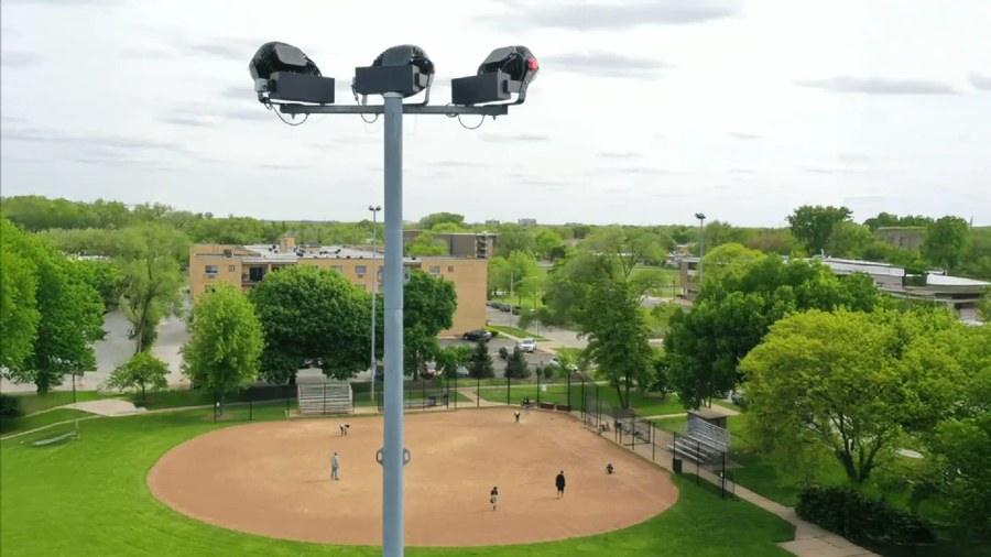 Residential-edge baseball lighting: Laramie Park