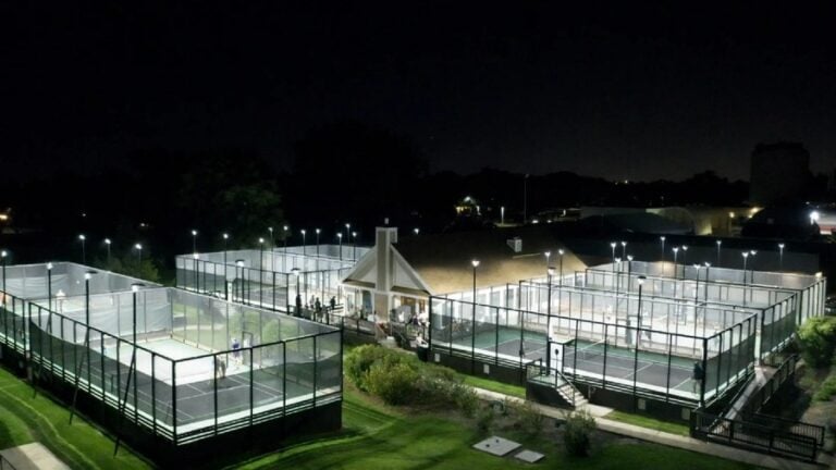 Cold-weather tennis and platform paddle lighting: Glenview Prairie Club