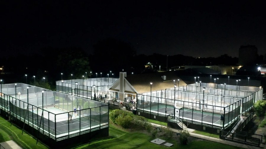 Cold-weather tennis and platform paddle lighting: Glenview Prairie Club