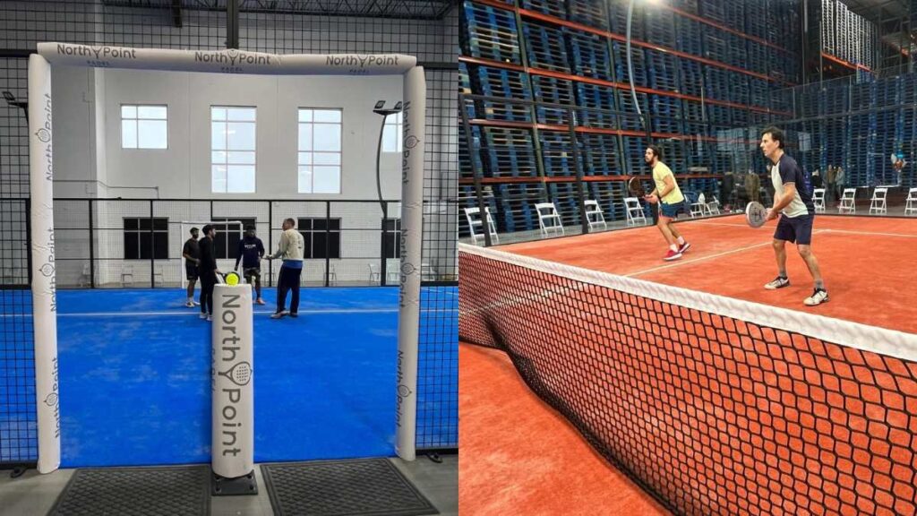 Players on a glass-walled padel court inside the NorthPoint Padel warehouse in Westfield, Indiana