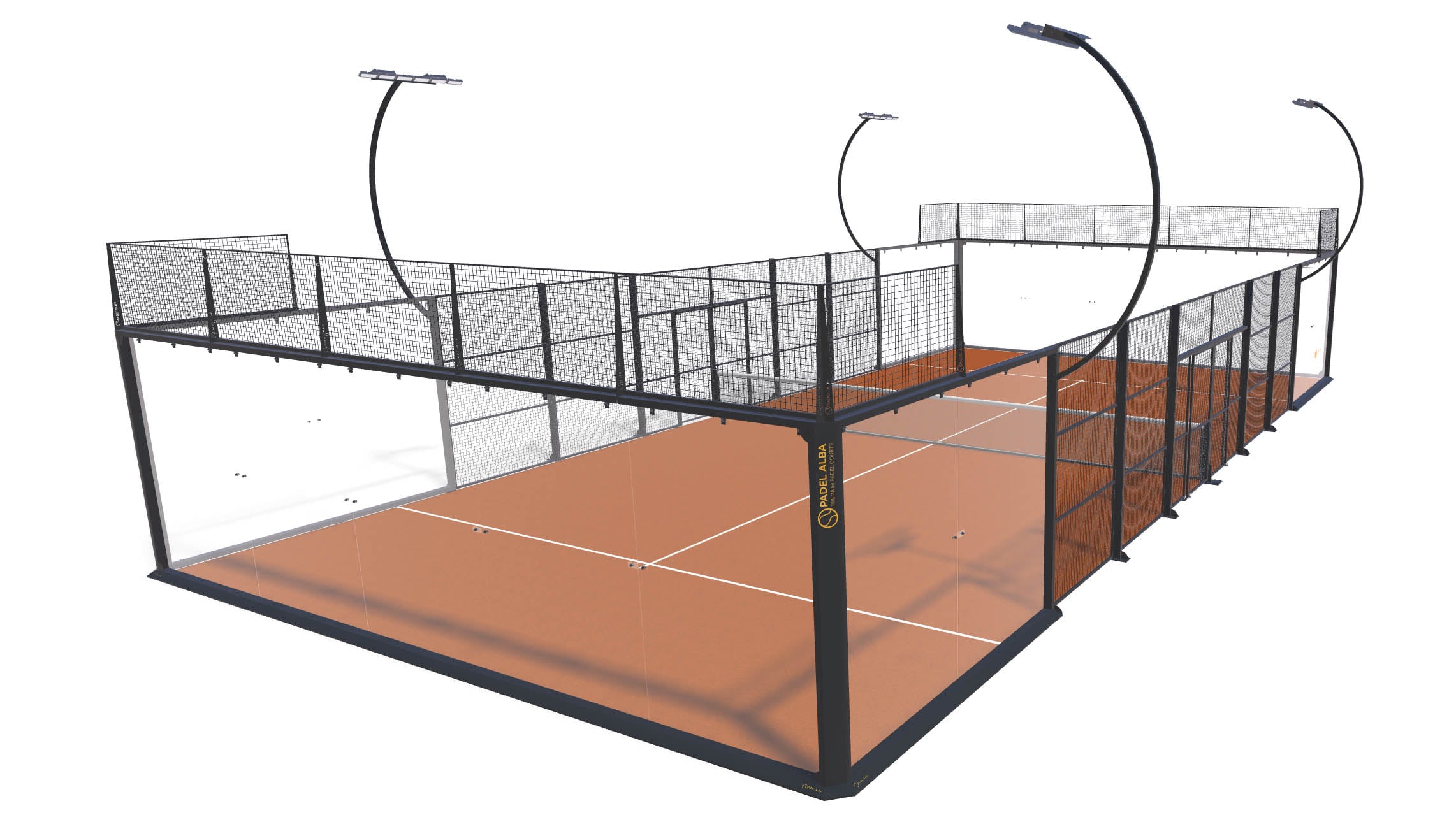 Panoramic padel court on a clay-colored surface