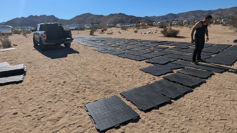A portable pickleball court in the desert: Joshua Tree